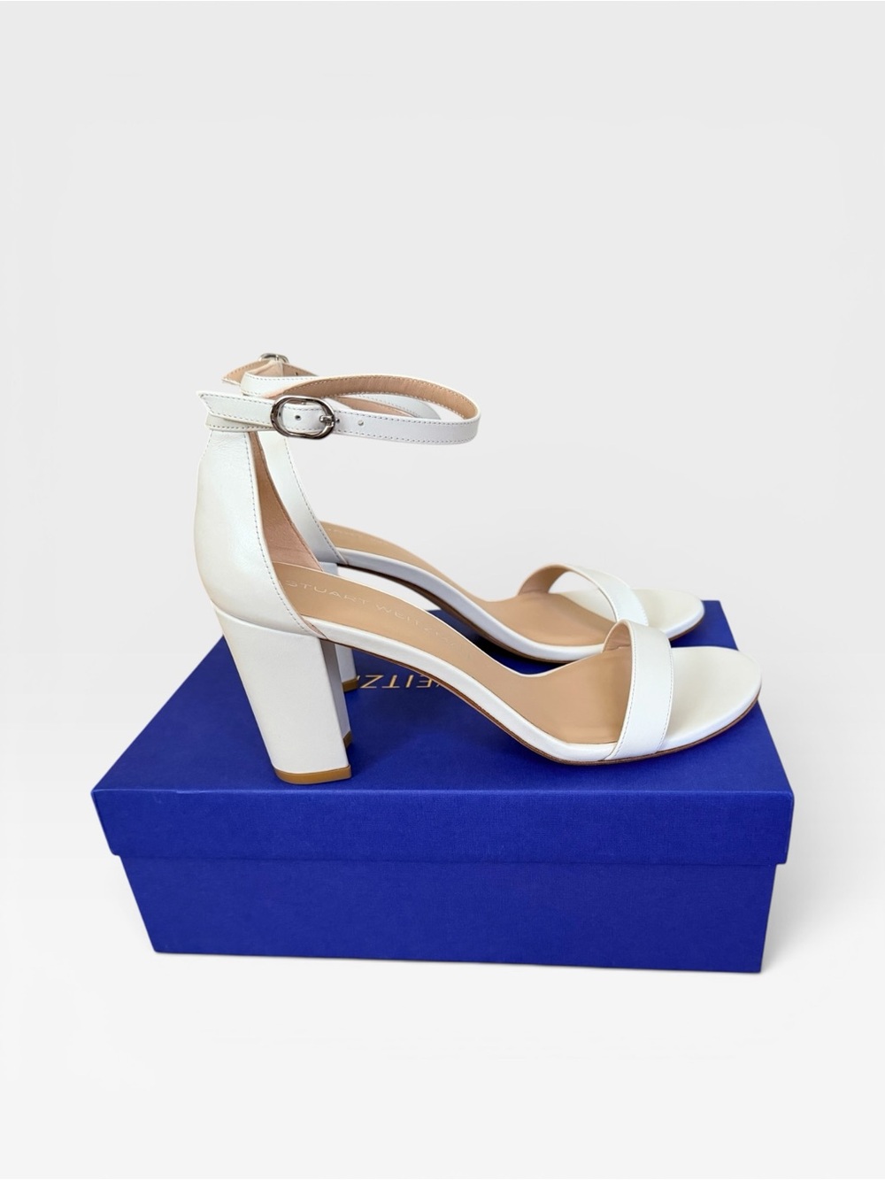NIB Stuart Weitzman Nearlynude White Block Heel Sandal | Sz 8.5